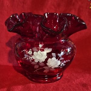 Signed Fenton Hand Painted Ruby Red White Floral Glass Ruffled Rose Bowl Vase